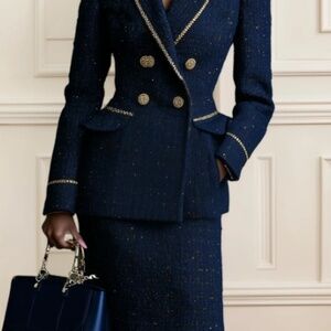 NWT - Navy Tweed Buckle Peaked Lapel Collar Long Sleeve Dressy Coat With Skirt